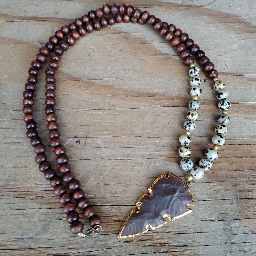 Arrowhead 14kt, Jasper Dalmatian Smooth Head, and Wooden Beads Necklace